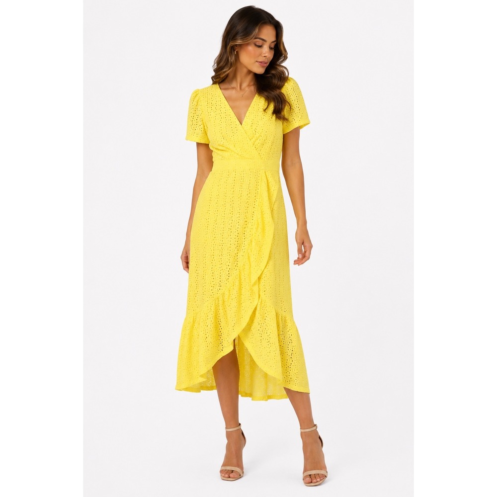 London Style Collection Eyelet Dress Women 8 Yellow Ruffle Wrap Midi Cottagecore